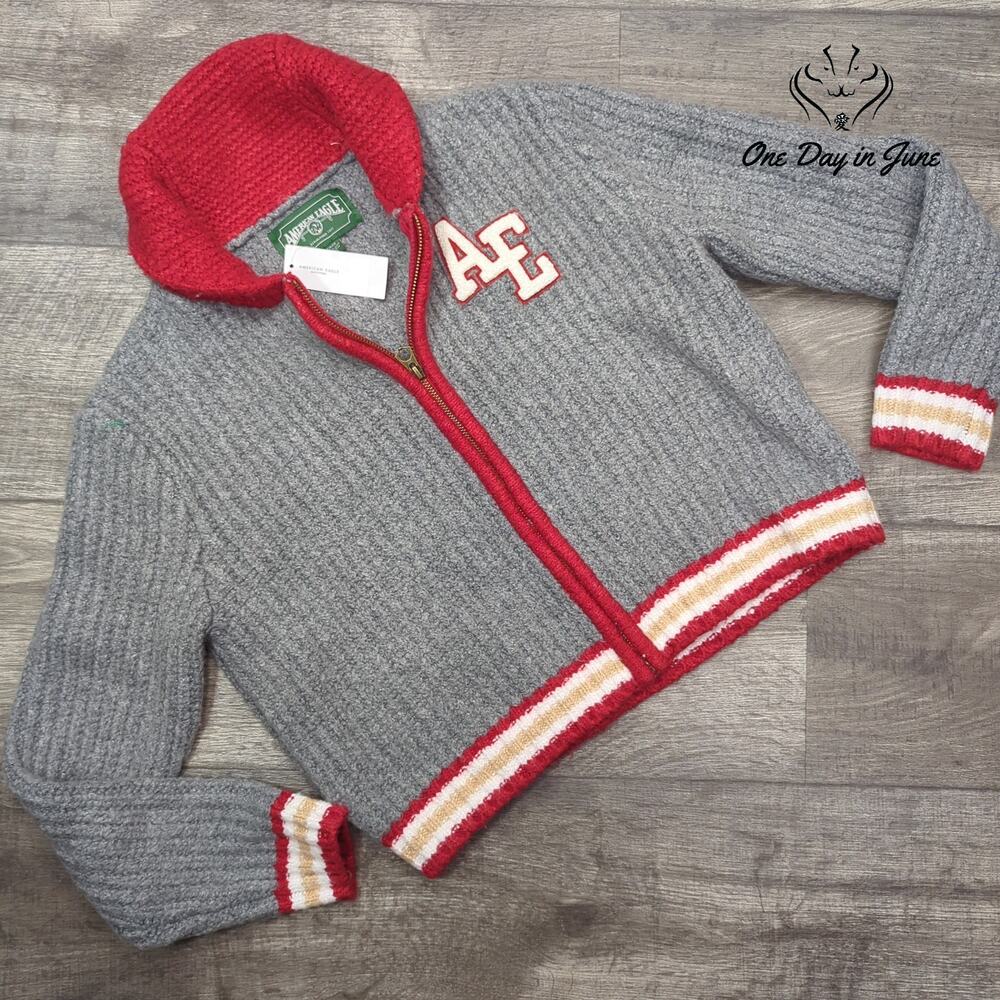 American Eagle Outfitters Varsity Zip Cardigan Sweater Gray AE Patch NWT Size S